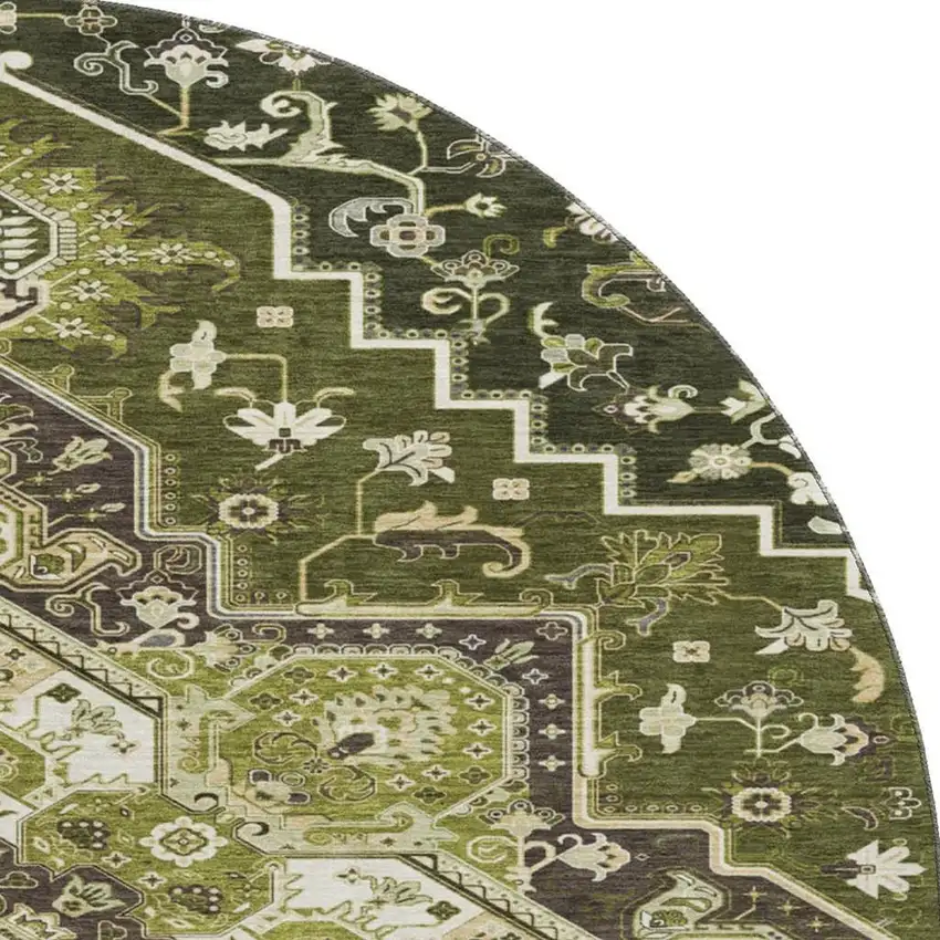 8' Olive Green Ivory And Beige Oriental Washable Round Rug With UV Protection Photo 2