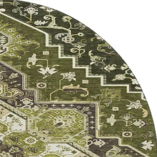 8' Olive Green Ivory And Beige Oriental Washable Round Rug With UV Protection Photo 2