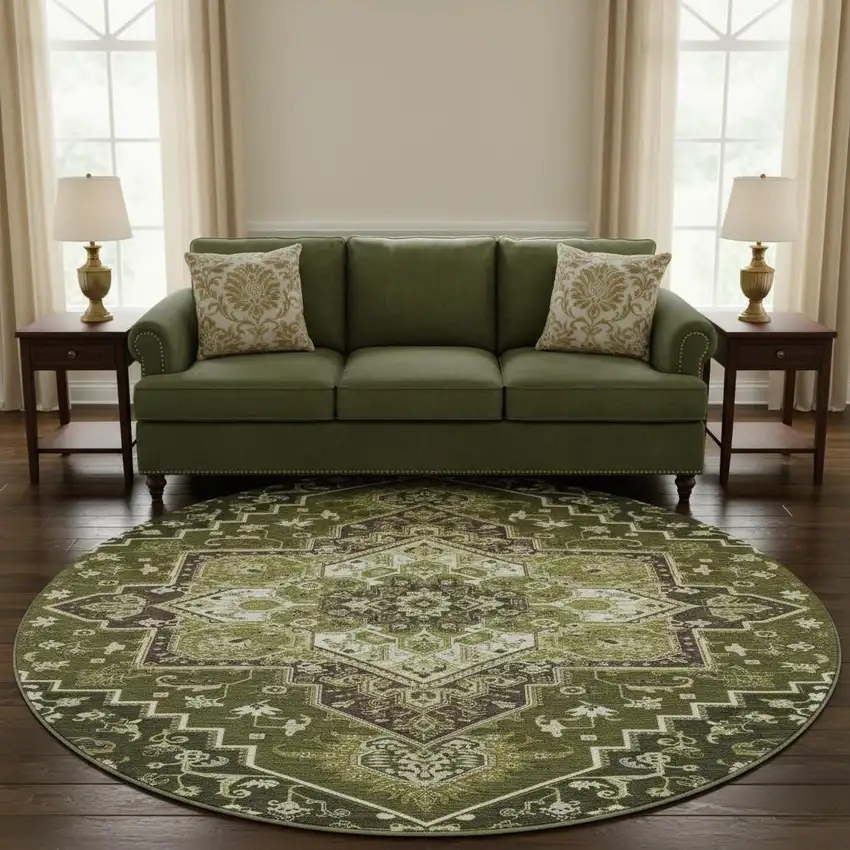 8' Olive Green Ivory And Beige Oriental Washable Round Rug With UV Protection Photo 2