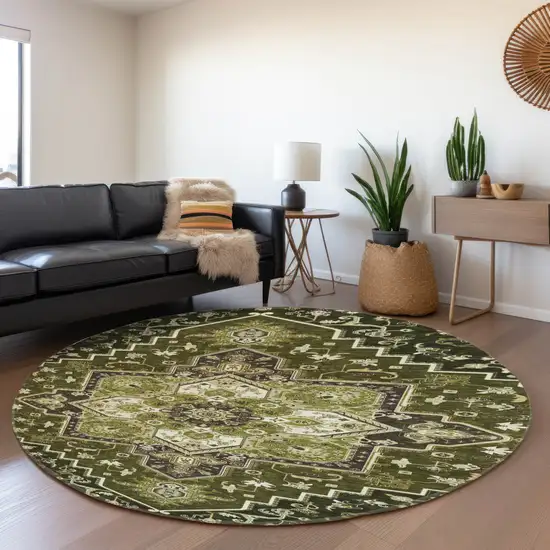 8' Olive Green Ivory And Beige Oriental Washable Round Rug With UV Protection Photo 4