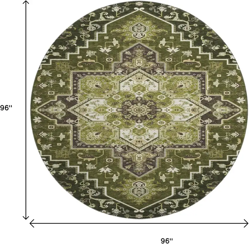 8' Olive Green Ivory And Beige Oriental Washable Round Rug With UV Protection Photo 9
