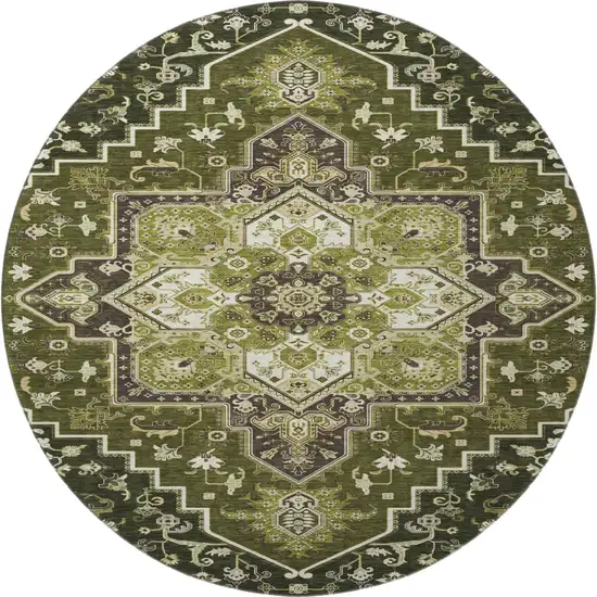 8' Olive Green Ivory And Beige Oriental Washable Round Rug With UV Protection Photo 3