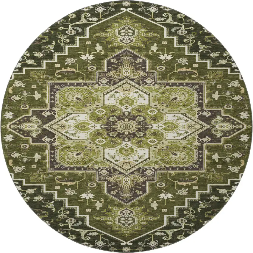 8' Olive Green Ivory And Beige Oriental Washable Round Rug With UV Protection Photo 3