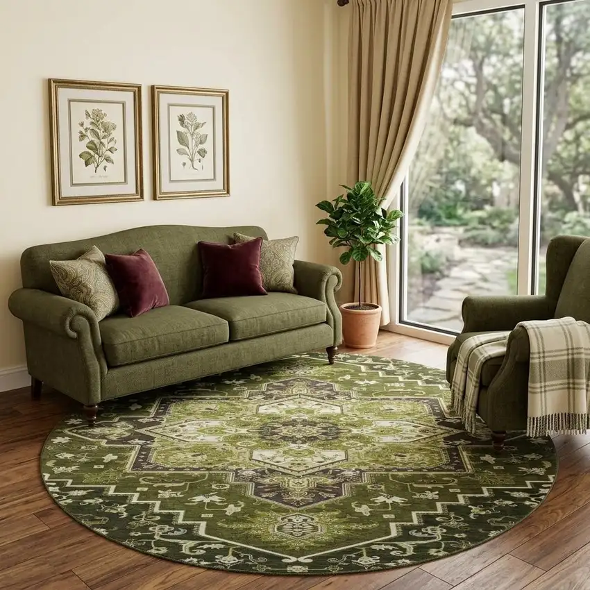 8' Olive Green Ivory And Beige Oriental Washable Round Rug With UV Protection Photo 1