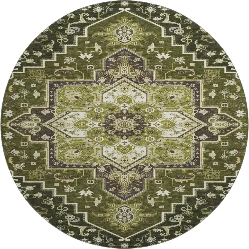 8' Olive Green Ivory And Beige Oriental Washable Round Rug With UV Protection Photo 1