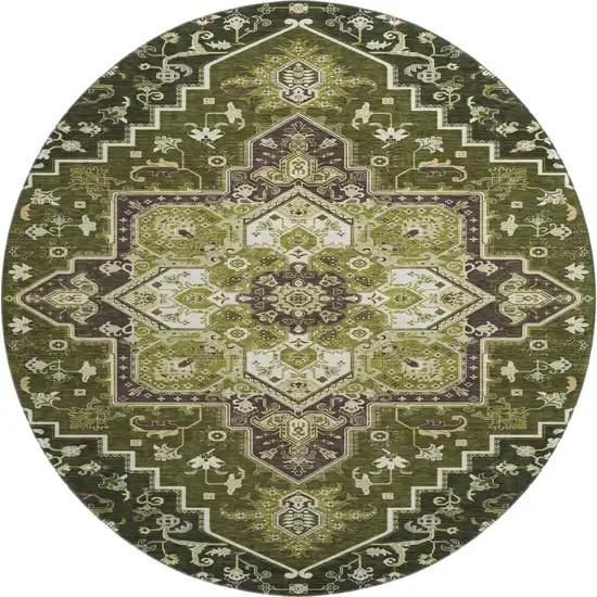 8' Olive Green Ivory And Beige Oriental Washable Round Rug With UV Protection Photo 1