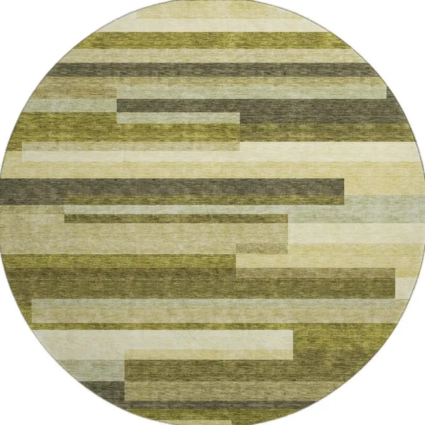 8' Olive Green Ivory And Beige Striped Washable Round Rug With UV Protection Photo 3