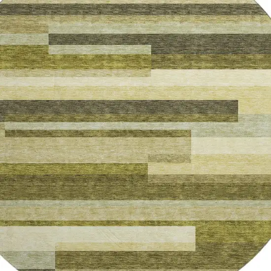 8' Olive Green Ivory And Beige Striped Washable Round Rug With UV Protection Photo 2