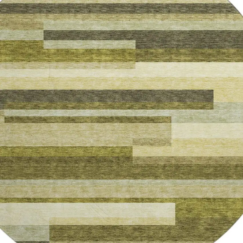 8' Olive Green Ivory And Beige Striped Washable Round Rug With UV Protection Photo 2