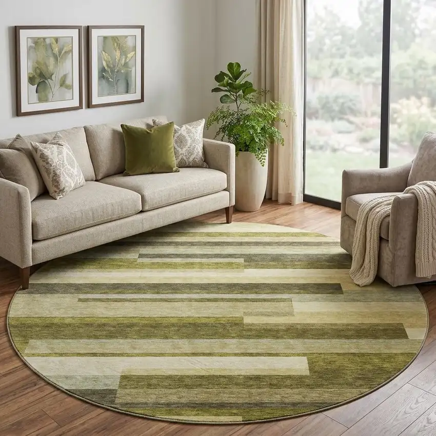 8' Olive Green Ivory And Beige Striped Washable Round Rug With UV Protection Photo 1