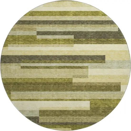 8' Olive Green Ivory And Beige Striped Washable Round Rug With UV Protection Photo 1
