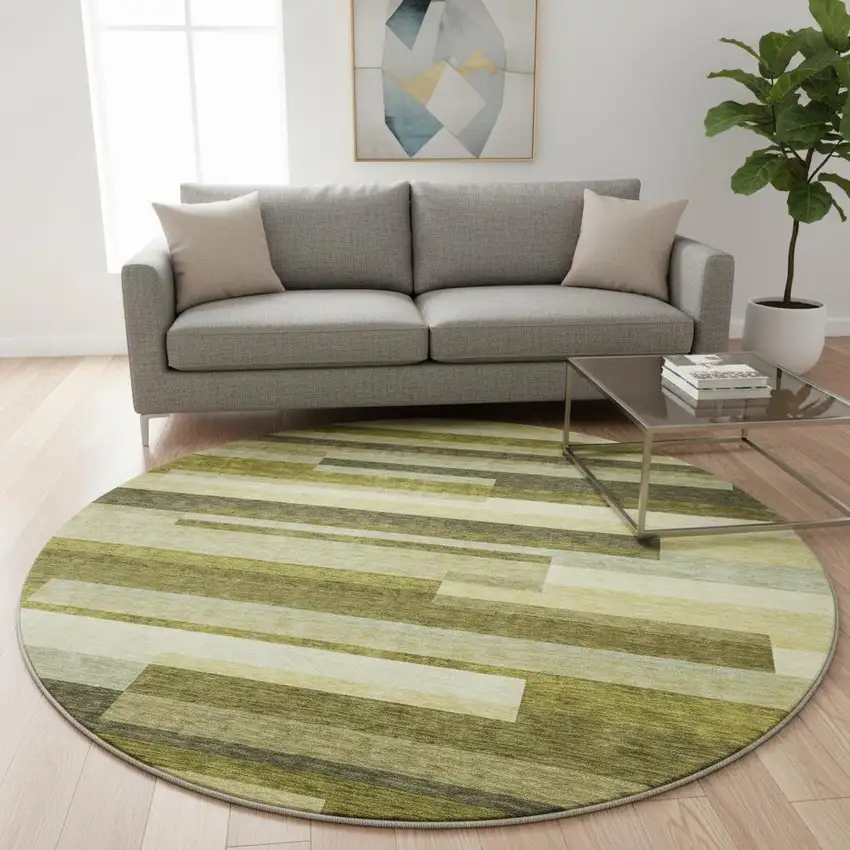 8' Olive Green Ivory And Beige Striped Washable Round Rug With UV Protection Photo 2