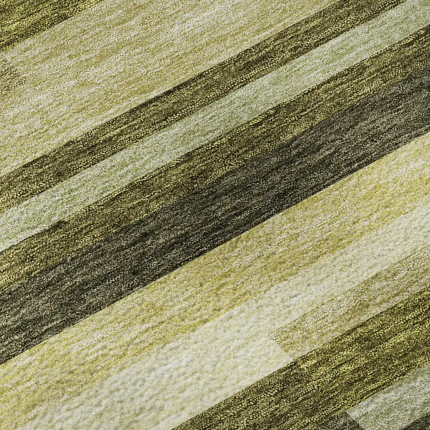 8' Olive Green Ivory And Beige Striped Washable Round Rug With UV Protection Photo 8