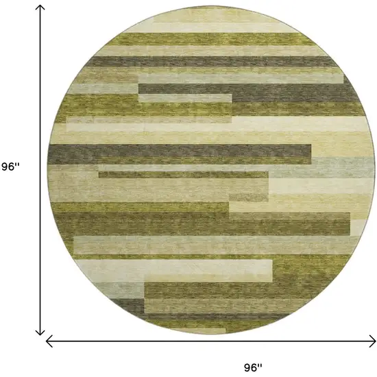 8' Olive Green Ivory And Beige Striped Washable Round Rug With UV Protection Photo 9