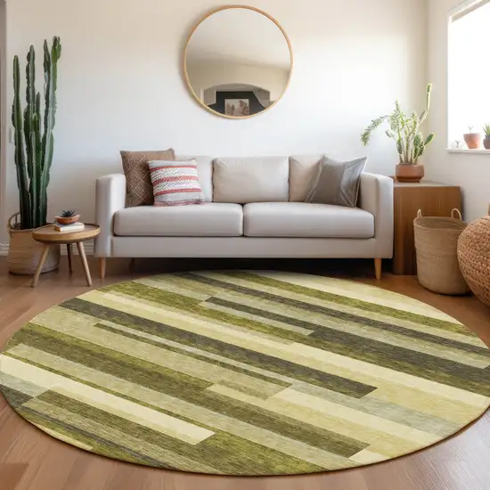 8' Olive Green Ivory And Beige Striped Washable Round Rug With UV Protection Photo 4