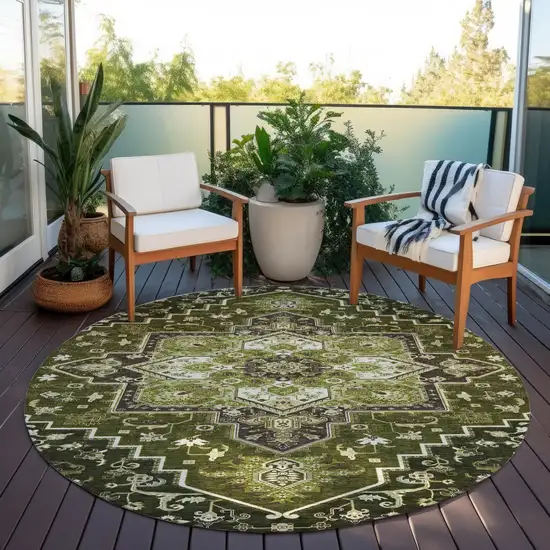 8' Olive Green Ivory And Brown Round Oriental Washable Indoor Outdoor Area Rug Photo 7