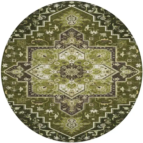 8' Olive Green Ivory And Brown Round Oriental Washable Indoor Outdoor Area Rug Photo 5