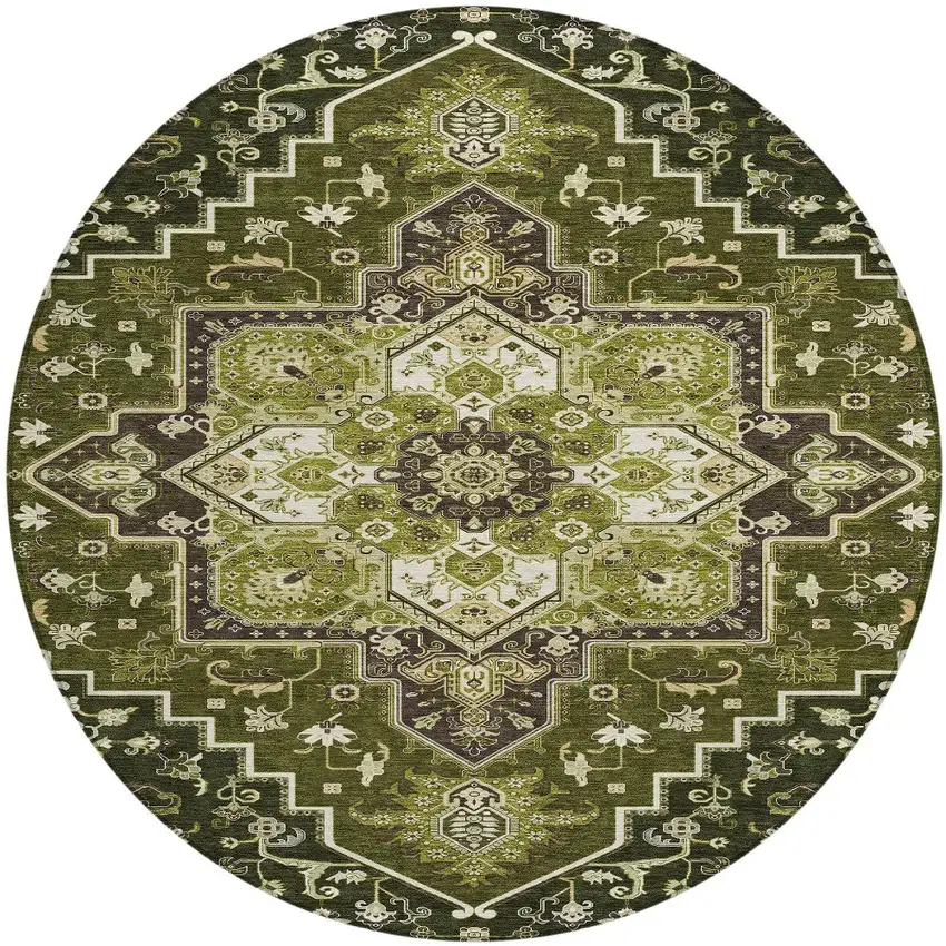 8' Olive Green Ivory And Brown Round Oriental Washable Indoor Outdoor Area Rug Photo 5