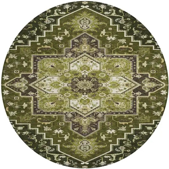 8' Olive Green Ivory And Brown Round Oriental Washable Indoor Outdoor Area Rug Photo 2