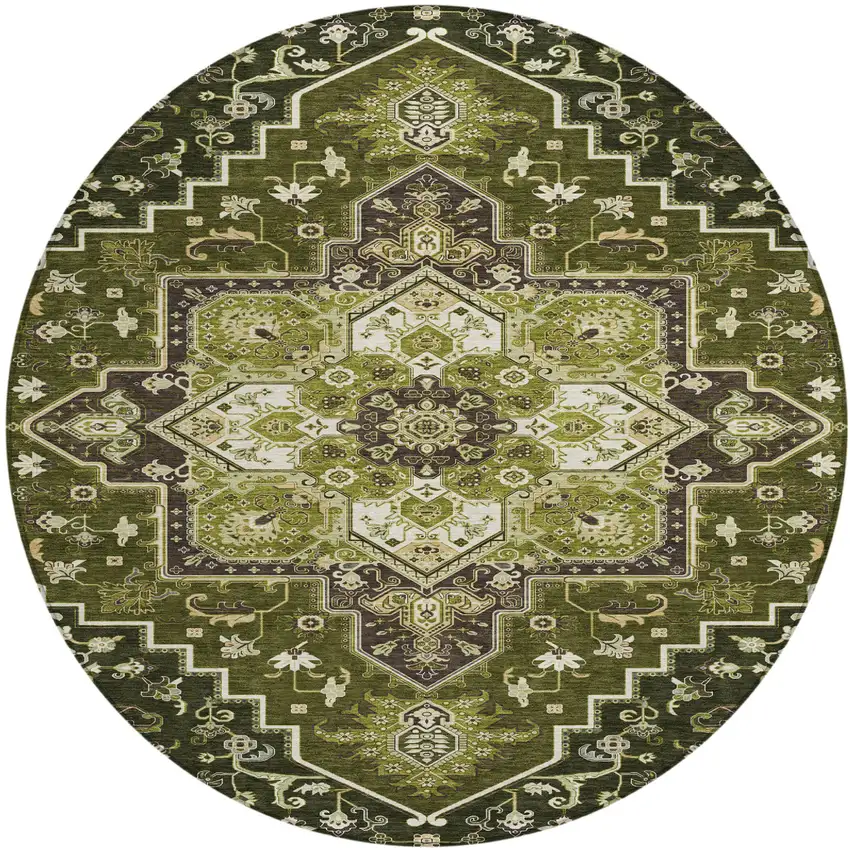 8' Olive Green Ivory And Brown Round Oriental Washable Indoor Outdoor Area Rug Photo 2