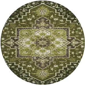 Photo of 8' Olive Green Ivory And Brown Round Oriental Washable Indoor Outdoor Area Rug