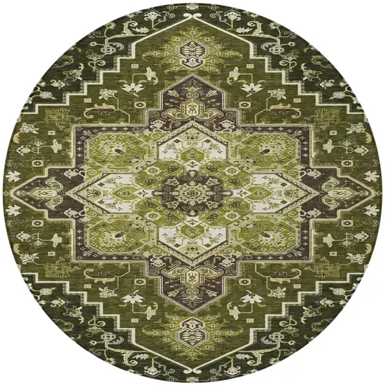 8' Olive Green Ivory And Brown Round Oriental Washable Indoor Outdoor Area Rug Photo 6