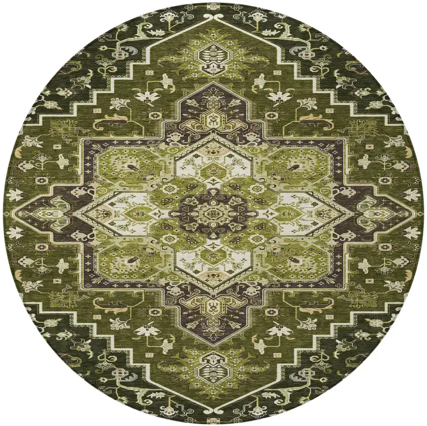 8' Olive Green Ivory And Brown Round Oriental Washable Indoor Outdoor Area Rug Photo 6