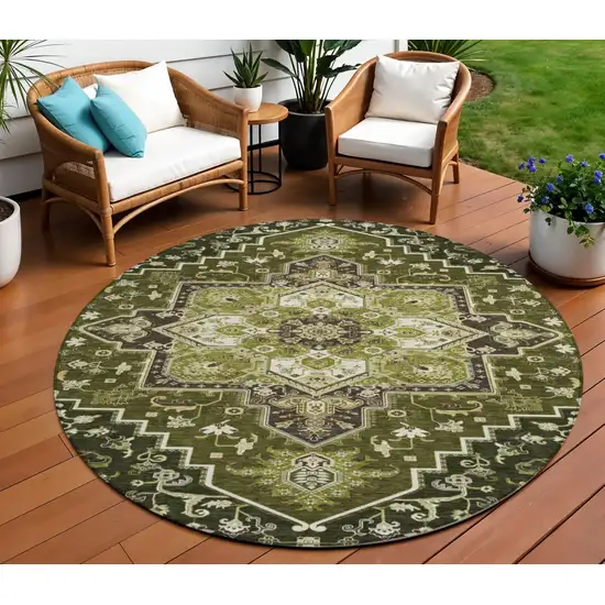 8' Olive Green Ivory And Brown Round Oriental Washable Indoor Outdoor Area Rug Photo 1