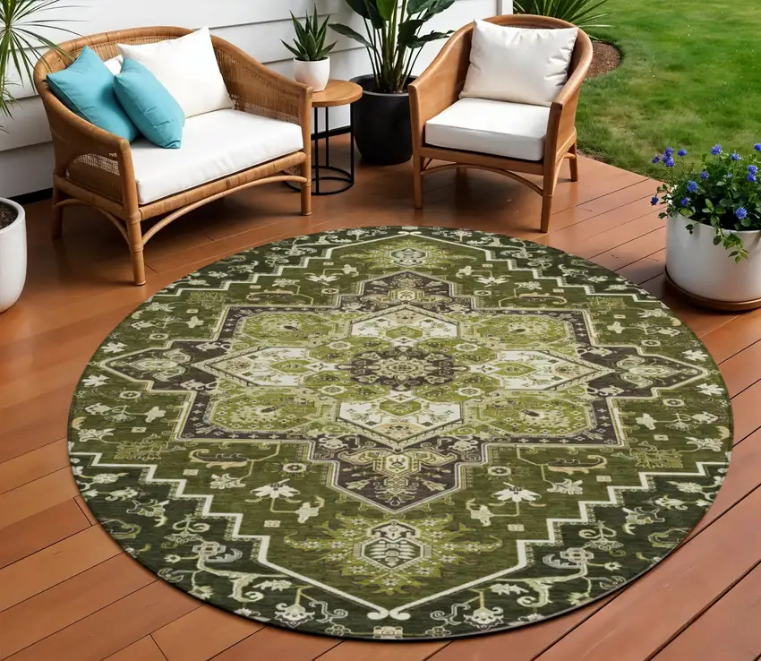 8' Olive Green Ivory And Brown Round Oriental Washable Indoor Outdoor Area Rug Photo 1