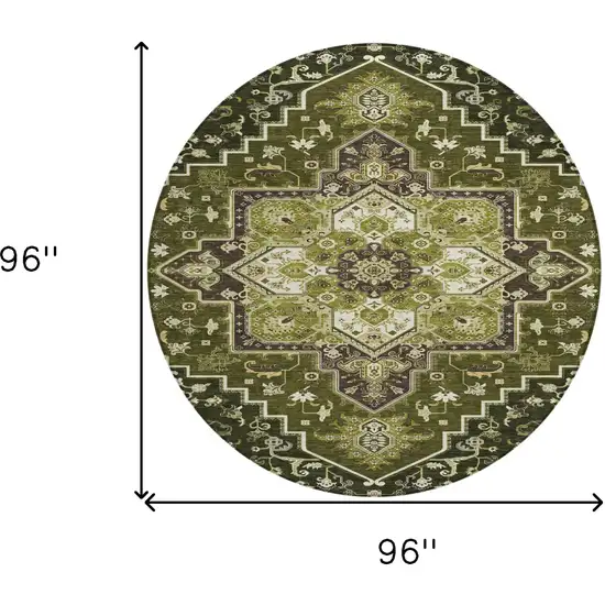 8' Olive Green Ivory And Brown Round Oriental Washable Indoor Outdoor Area Rug Photo 3