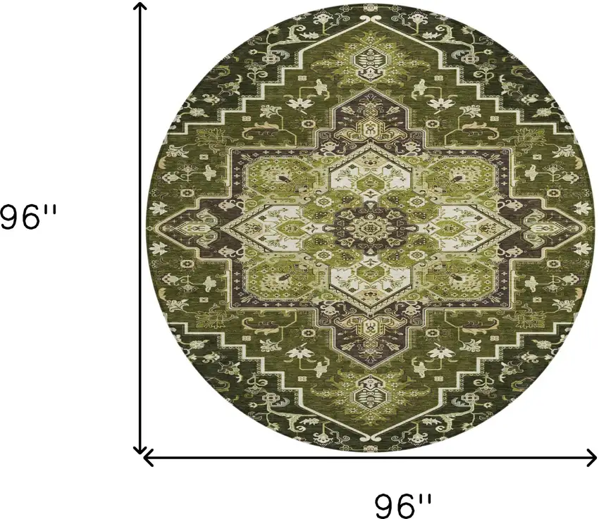 8' Olive Green Ivory And Brown Round Oriental Washable Indoor Outdoor Area Rug Photo 3