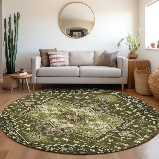 8' Olive Green Ivory And Brown Round Oriental Washable Indoor Outdoor Area Rug Photo 8
