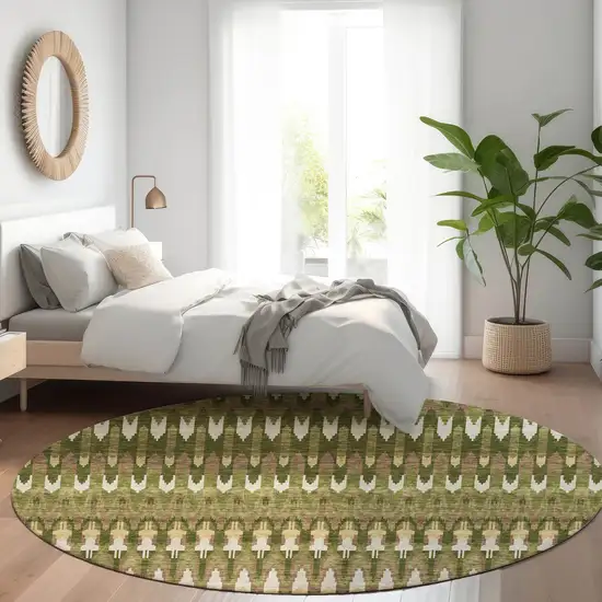 8' Olive Green Ivory And Brown Southwestern Washable Round Rug With UV Protection Photo 4