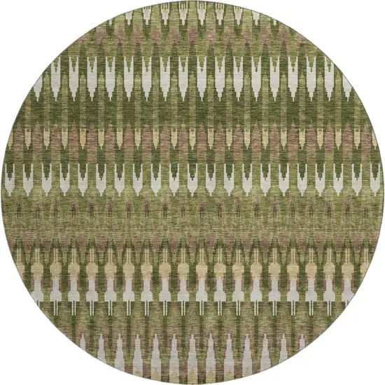 8' Olive Green Ivory And Brown Southwestern Washable Round Rug With UV Protection Photo 1