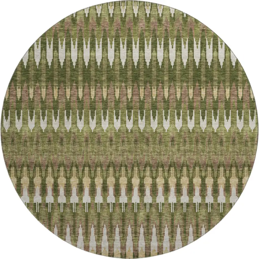 8' Olive Green Ivory And Brown Southwestern Washable Round Rug With UV Protection Photo 1
