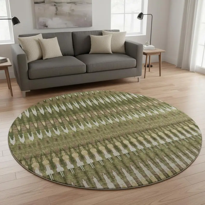 8' Olive Green Ivory And Brown Southwestern Washable Round Rug With UV Protection Photo 2