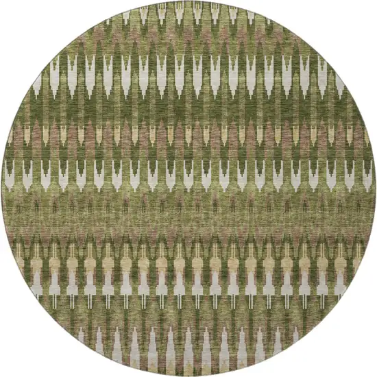 8' Olive Green Ivory And Brown Southwestern Washable Round Rug With UV Protection Photo 3