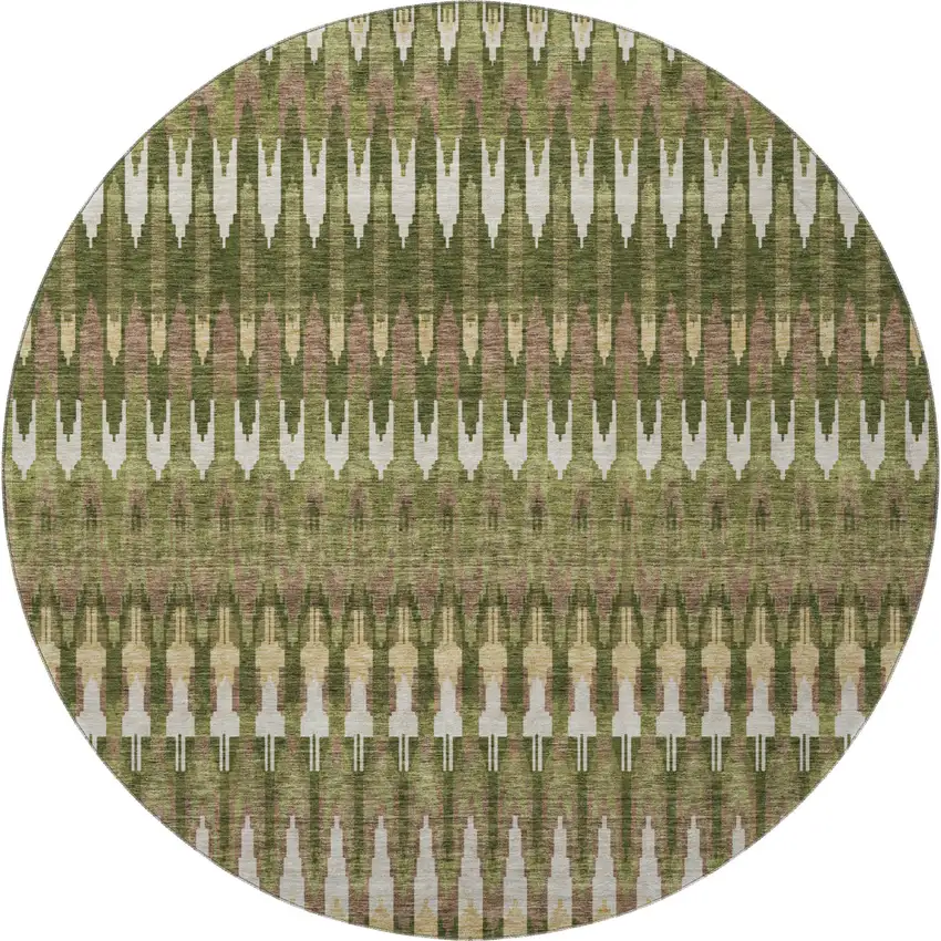 8' Olive Green Ivory And Brown Southwestern Washable Round Rug With UV Protection Photo 3