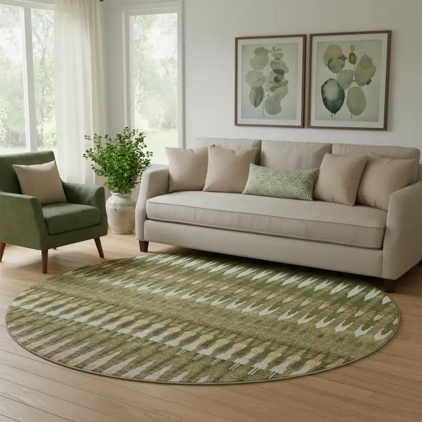 8' Olive Green Ivory And Brown Southwestern Washable Round Rug With UV Protection Photo 1