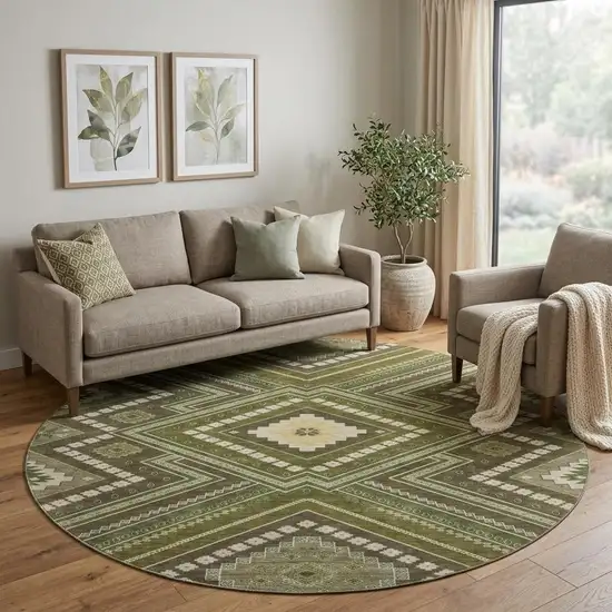 8' Olive Green Ivory And Brown Tribal Washable Round Rug With UV Protection Photo 1