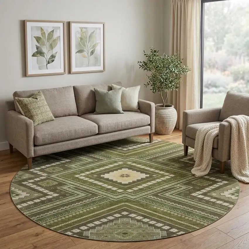 8' Olive Green Ivory And Brown Tribal Washable Round Rug With UV Protection Photo 1
