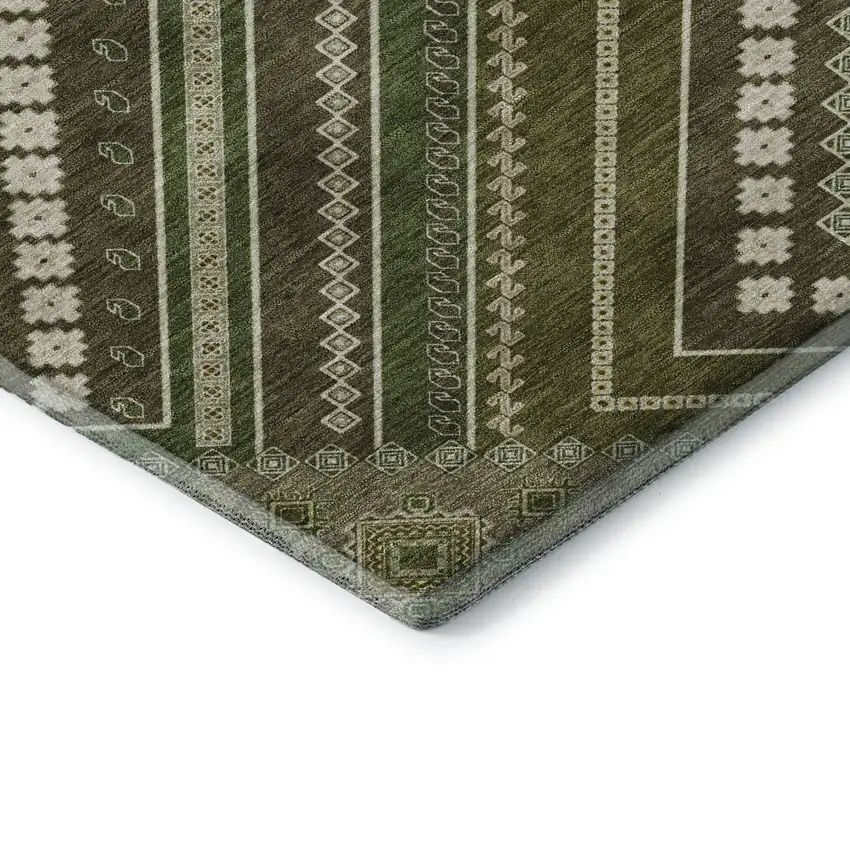 8' Olive Green Ivory And Brown Tribal Washable Round Rug With UV Protection Photo 6