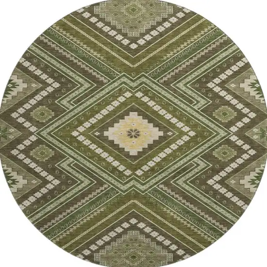 8' Olive Green Ivory And Brown Tribal Washable Round Rug With UV Protection Photo 3