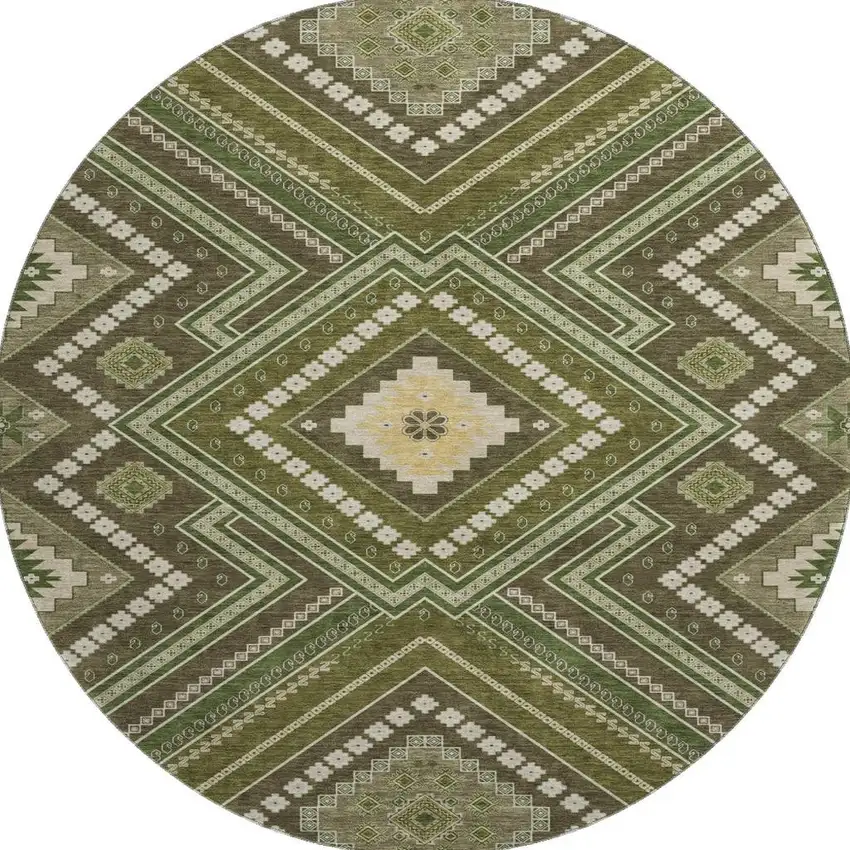 8' Olive Green Ivory And Brown Tribal Washable Round Rug With UV Protection Photo 3
