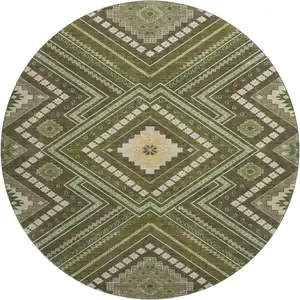 Photo of 8' Olive Green Ivory And Brown Tribal Washable Round Rug With UV Protection