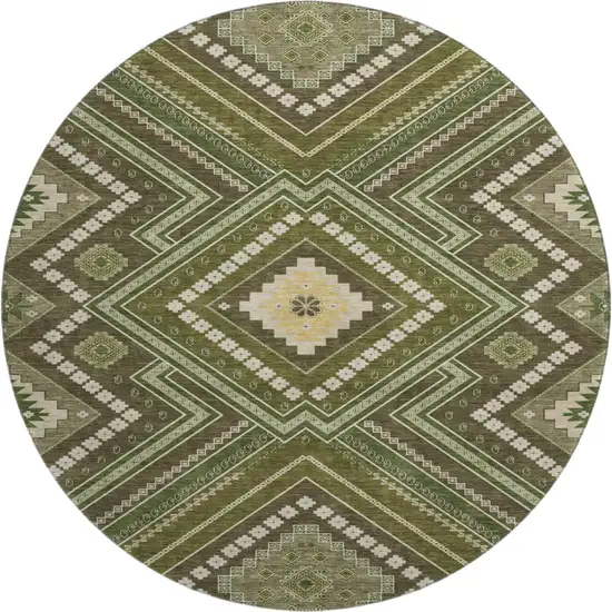 8' Olive Green Ivory And Brown Tribal Washable Round Rug With UV Protection Photo 1