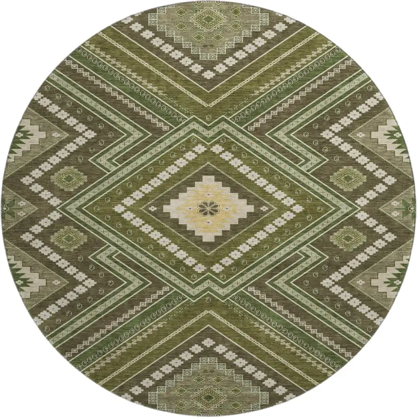 8' Olive Green Ivory And Brown Tribal Washable Round Rug With UV Protection Photo 1