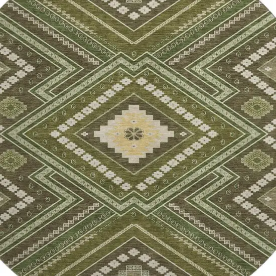 8' Olive Green Ivory And Brown Tribal Washable Round Rug With UV Protection Photo 2