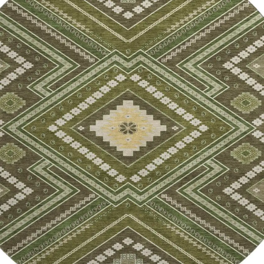 8' Olive Green Ivory And Brown Tribal Washable Round Rug With UV Protection Photo 2