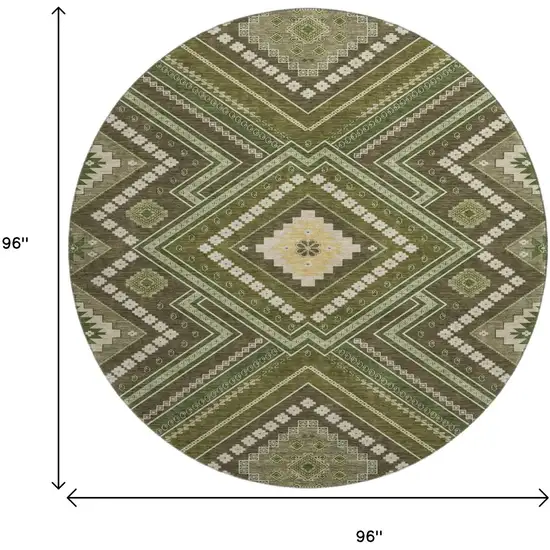 8' Olive Green Ivory And Brown Tribal Washable Round Rug With UV Protection Photo 9
